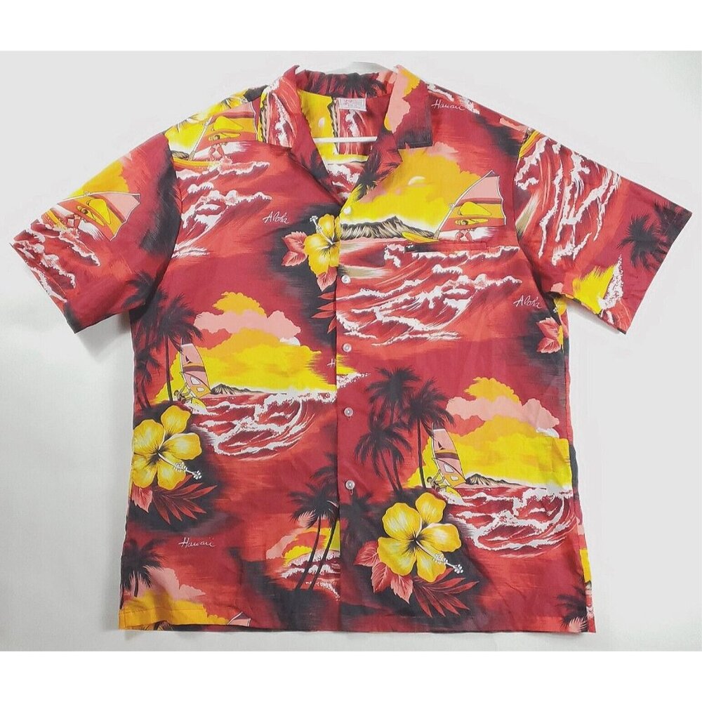 Kalena Fashions Shirt Mens XL Red Yellow Hawaiian Short Sleeve